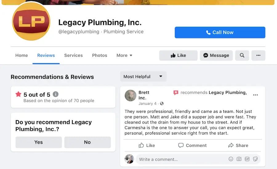 Facebook Business Profile Page