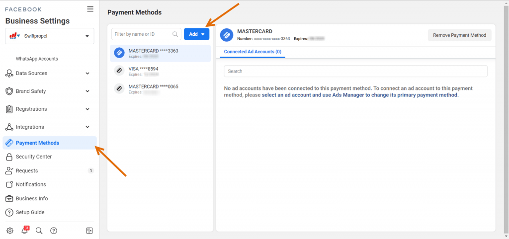 Add a payment method in Business Manager